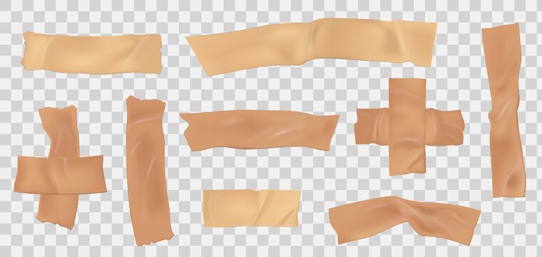 Paper adhesive tape. Masking scotch pieces with torn edge. Realistic beige sticky paper stripe. Ripped medical bandage with folds vector set