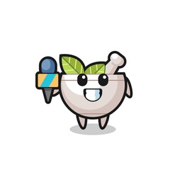 Character mascot of herbal bowl as a news reporter