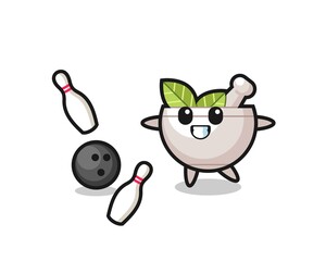 Character cartoon of herbal bowl is playing bowling
