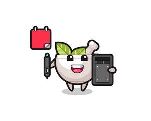 Illustration of herbal bowl mascot as a graphic designer