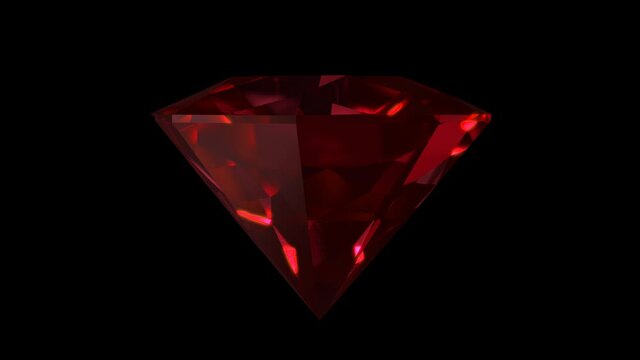Sparkling red round cut diamond rotating on black background. Shining ruby