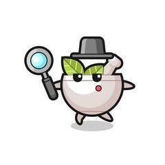 herbal bowl cartoon character searching with a magnifying glass