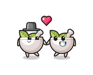 herbal bowl cartoon character couple with fall in love gesture