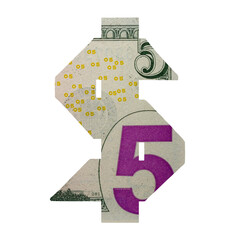 US Dollar Sign Icon with Real 5 Reverse Dollars Banknote Texture Isolated on White Background