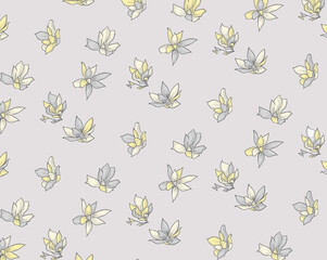 many soft light yellow flower floral and leaf green pattern with flower watercolor fabric texture on gray.