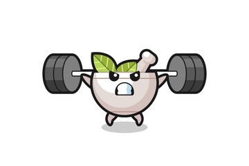 Fototapeta na wymiar herbal bowl mascot cartoon with a barbell