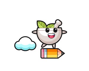 herbal bowl mascot illustration riding on a giant pencil