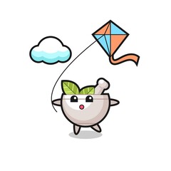 herbal bowl mascot illustration is playing kite