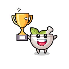 Cartoon Illustration of herbal bowl is happy holding up the golden trophy