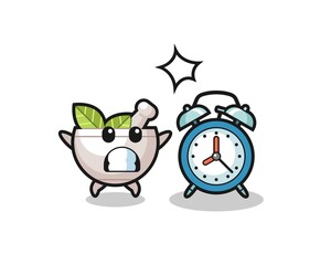 Cartoon Illustration of herbal bowl is surprised with a giant alarm clock