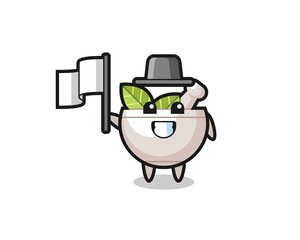 Cartoon character of herbal bowl holding a flag