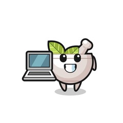 Mascot Illustration of herbal bowl with a laptop