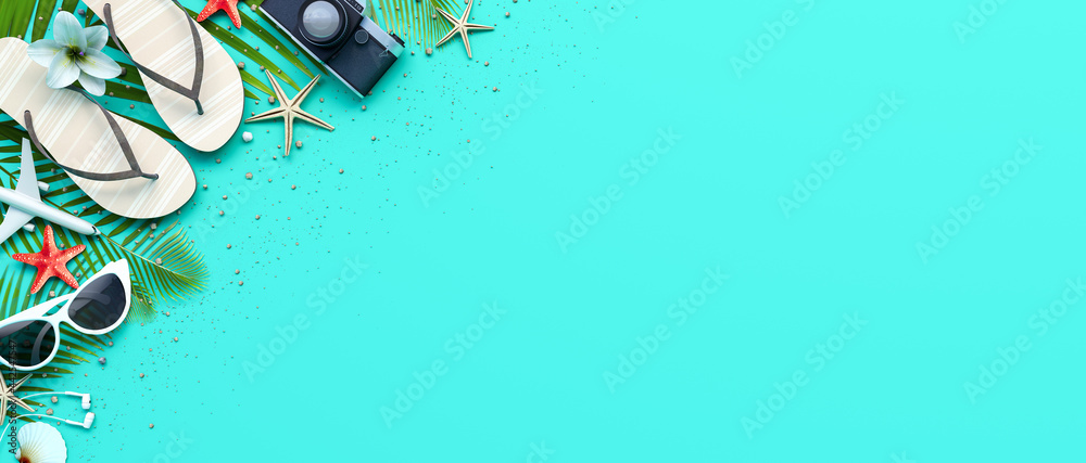 Wall mural Summer beach accessories on turquoise blue background 3D Rendering, 3D Illustration