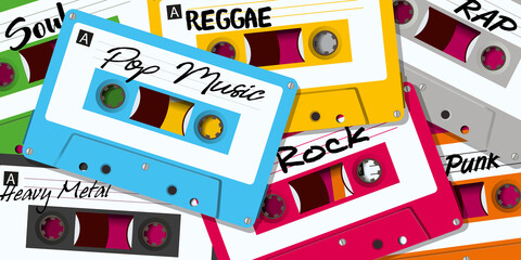 Concept vintage montrant des cassettes audio de différentes couleurs, avec les enregistrements de plusieurs styles de musiques.