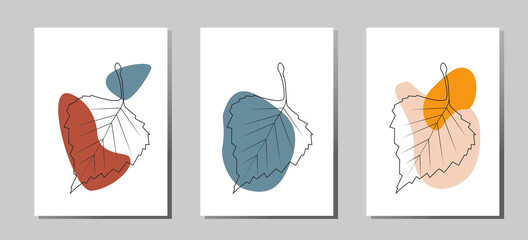 A set of vector posters of fashionable modern abstract compositions made of spots and leaves for decorating walls, decorating the covers of postcards or brochures in the style of line art