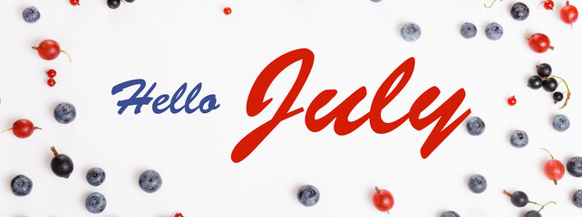 Red and blue berries of currants, gooseberries and blueberries, on a white background flat lay. Hello July wallpaper, summer table background. Banner © Olga Ionina
