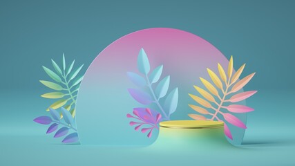 Fototapeta na wymiar 3d render, abstract blue background with round pink board and empty yellow podium decorated with tropical paper leaves. Modern showcase for product presentation