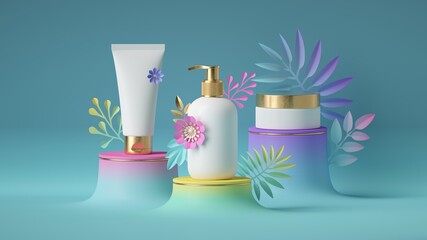 3d render, assorted cosmetics bottles decorated with colorful tropical leaves isolated on blue background. Modern beauty product presentation. Skin care collection