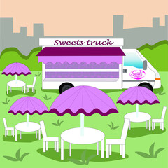 Illustration of a sweet truck, summer vans, ice cream in nature and in the city, delicious ice cream, a snack is always near