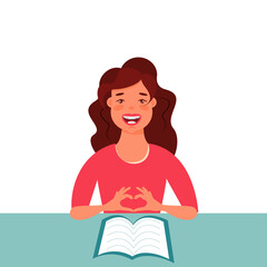 Happy Girl makes a homework. Learning. Child. Cartoon flat vector Illustration 