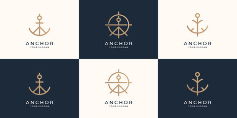 Fototapeta na wymiar set of minimalist anchor logo. symbols anchors ship or boat. marine retro logotypes template. Premium Vector