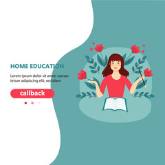 Happy Girl makes a homework. Learning. Child. Cartoon flat vector Illustration 