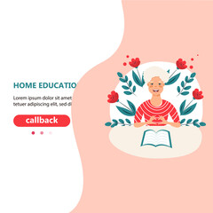 Happy Girl makes a homework. Learning. Child. Cartoon flat vector Illustration 
