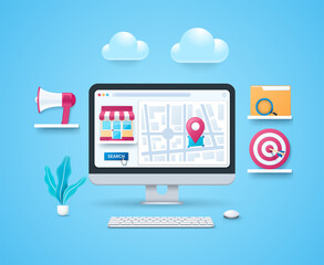 Local search marketing concept. Shop, map, pointer on computer screen. Target with arrow, megaphone, folder, magnifying glass on shelves. Keyboard and mouse. Web vector illustrations in 3D style
