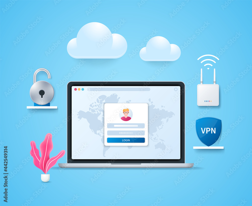 Poster virtual private network concept. laptop with open user info page on map background. secure vpn conne