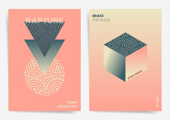 Gradient modern art poster template set. Abstract graphic design for brochure, placard, A4 cover, brand identity, poster, web art. Modern geometric 3d cube, triangle, wavy bauhaus elements. Vector.