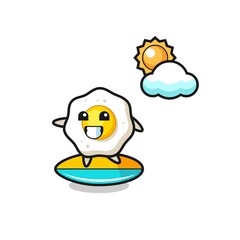 Illustration of fried egg cartoon do surfing on the beach