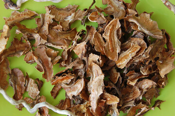Partitions of walnuts close-up on a green plate
