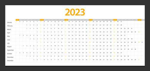 Calendar 2023 week start Sunday corporate design planner template.