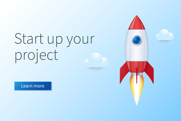 Startup new business project concept. Launch rocket. Innovation product, creative idea. Web vector illustration in 3D style