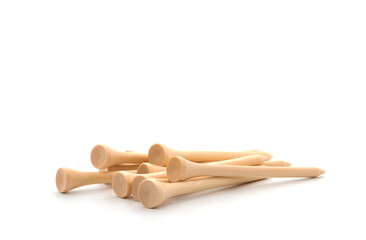 Golf tees on white background.