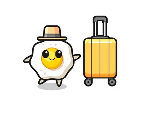 fried egg cartoon illustration with luggage on vacation
