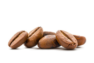 Stack of coffee beans on white background.