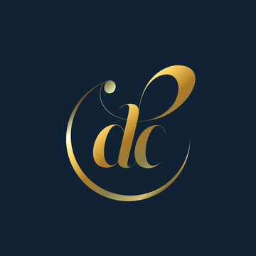 DC monogram logo.Typographic signature icon.Lowercase letter d and letter c.Lettering sign isolated on dark background.Gold alphabet initials.Elegant, luxury, fashion, beauty style.