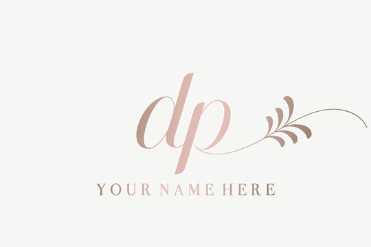 DP monogram logo.Calligraphic signature icon.Lowercase letter d and letter p.Lettering sign isolated on light background.Rose gold 
alphabet initials.Decorative flower.