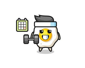 fried egg mascot cartoon doing fitness with dumbbell