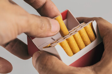 Hand pull out cigarette in pack.Cigarettes is addictive to be cancer.smoking reduction campaign in World No Tobacco Day.