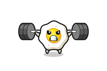 fried egg mascot cartoon with a barbell