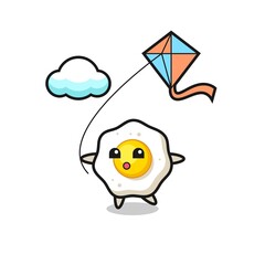 fried egg mascot illustration is playing kite