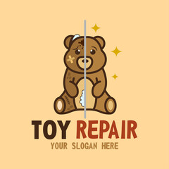 Toy Repair Shop vector isolated logo. Concept of fix Antique old plush Toys. Before and after Toys Restoration Service concept. Broken teddy bear.