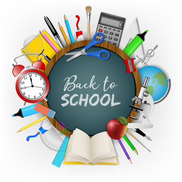Back to school background with realistic school supplieas around a round chalkboard