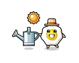 Cartoon character of fried egg holding watering can