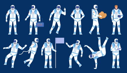 Astronaut poses. Spaceman dancer, stand with flag, float in space. Flat character in cosmonaut suit and helmet. Cosmic explorers vector set © Tartila