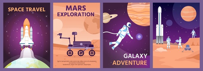 Space exploring poster. Galaxy landscape with rocket, planets and astronaut. Mars rover on planet surface. Cosmic science banner vector set © Tartila