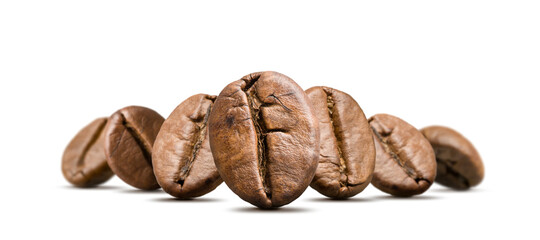 Stack of coffee beans on white background.