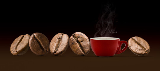 Stack of coffee beans and cup on brown and dark background.